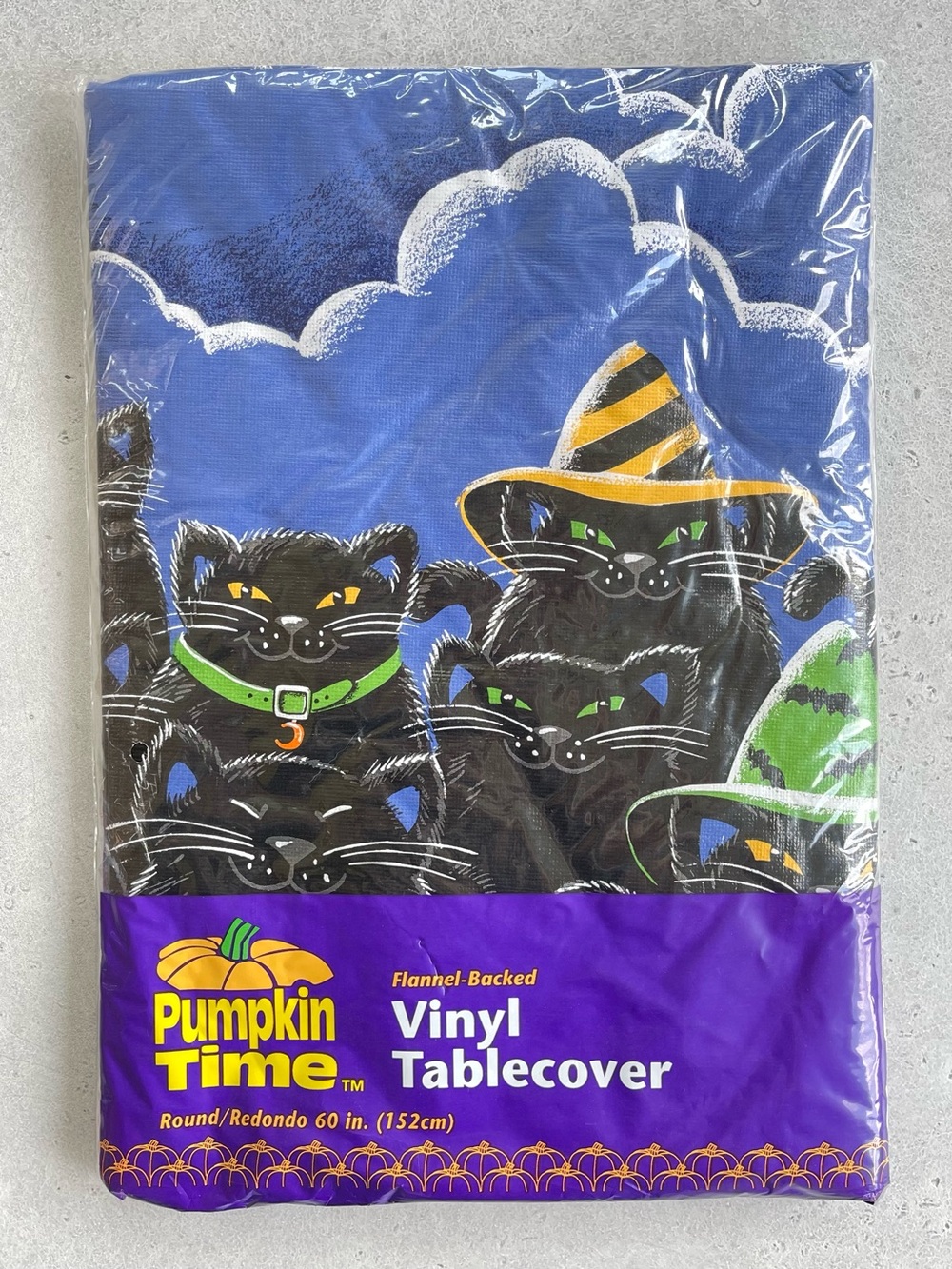 Vintage Halloween Vinyl Tablecloth Witchy Black Cats Pumpkin Time 90s 60” Round